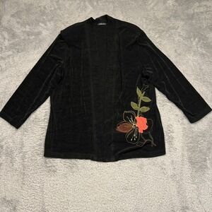 VIKKI VI Floral Applique Womens Cardigan‎ 1X Black Slinky Open Front 1990s USA